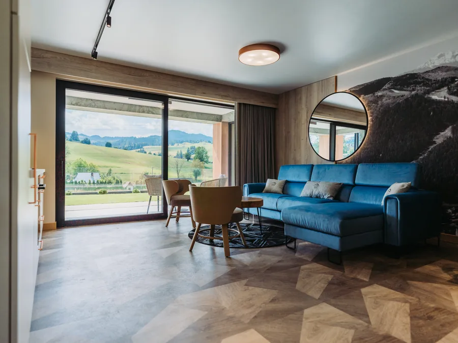 Apartment interior at Jaworkowe Wzgórze with a valley view